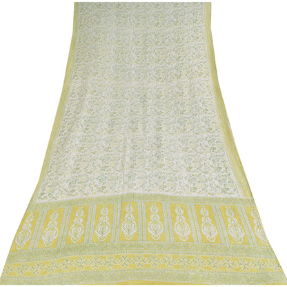 Sanskriti Vintage Sarees Ivory/Green Pure Cotton Printed Sari 5+yd Craft Fabric