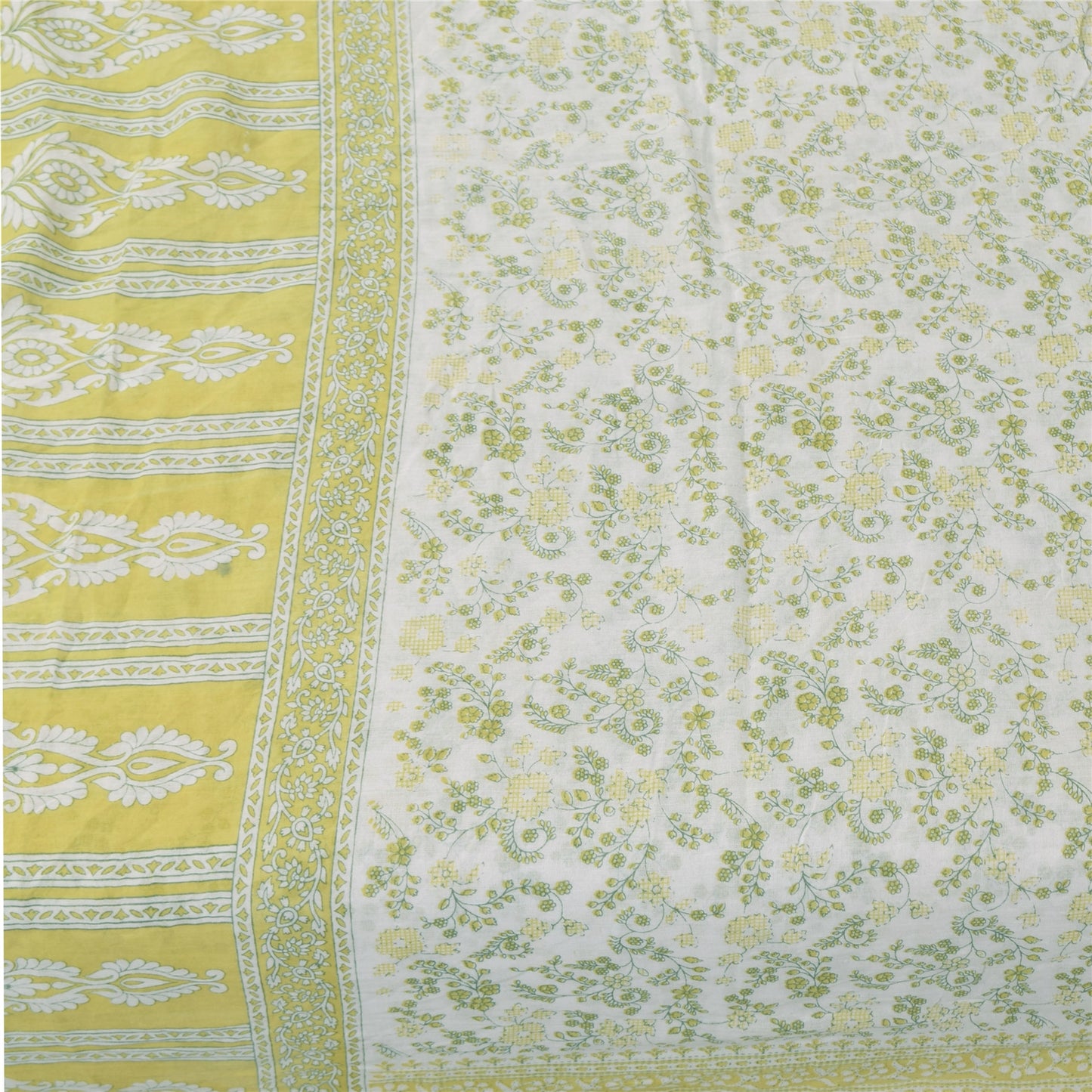 Sanskriti Vintage Sarees Ivory/Green Pure Cotton Printed Sari 5+yd Craft Fabric