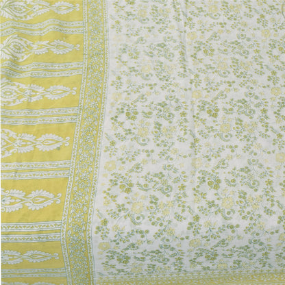 Sanskriti Vintage Sarees Ivory/Green Pure Cotton Printed Sari 5+yd Craft Fabric