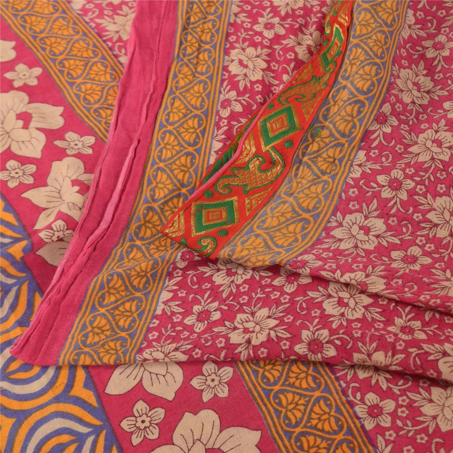 Sanskriti Vintage Sarees Indian Pink Pure Cotton Printed Sari 5+yd Craft Fabric