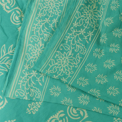 Sanskriti Vintage Sarees Sea-Green Block Printed Pure Cotton Sari 5+yd Fabric