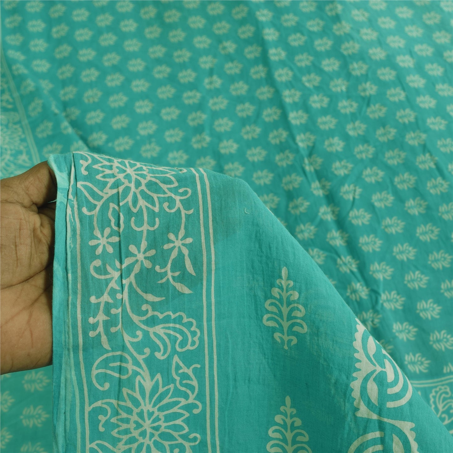 Sanskriti Vintage Sarees Sea-Green Block Printed Pure Cotton Sari 5+yd Fabric