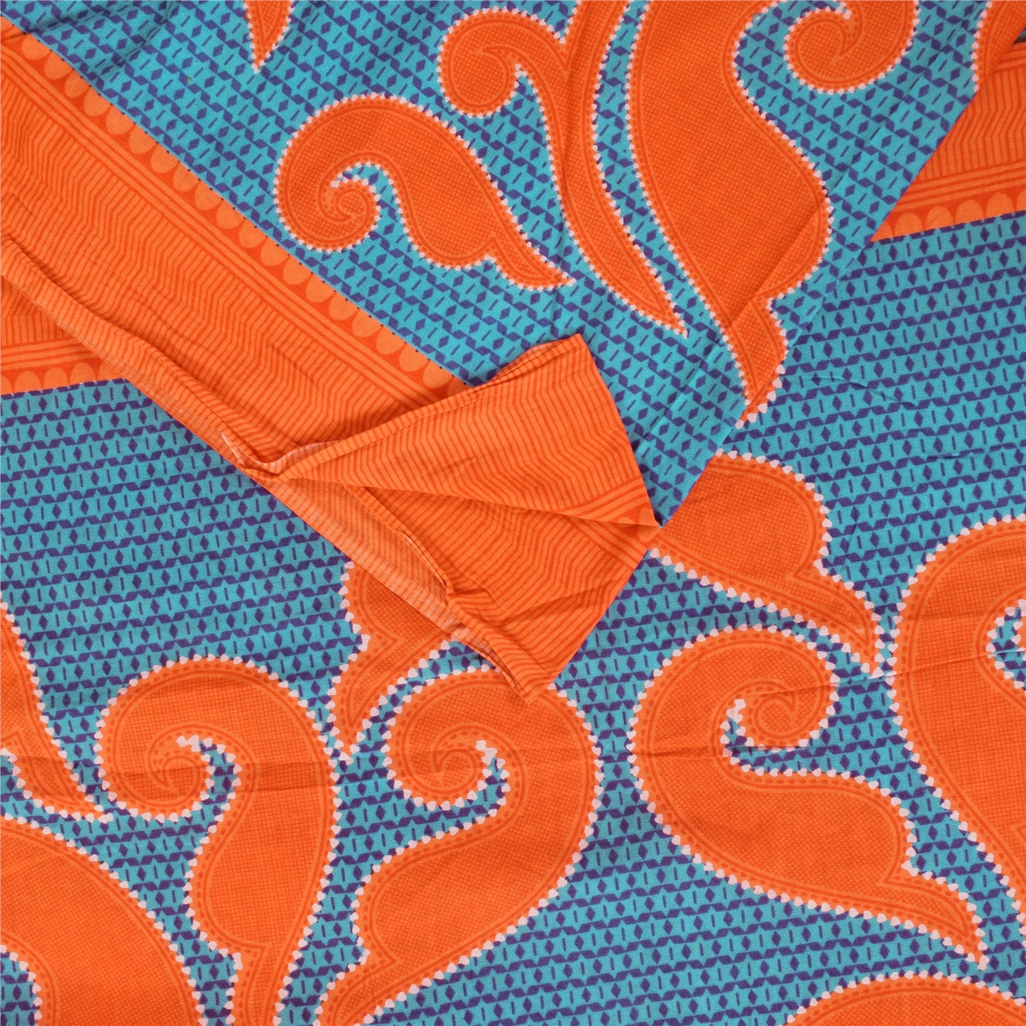 Sanskriti Vintage Sarees Blue/Orange Pure Cotton Printed Sari 5+yd Craft Fabric