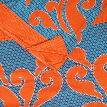 Sanskriti Vintage Sarees Blue/Orange Pure Cotton Printed Sari 5+yd Craft Fabric