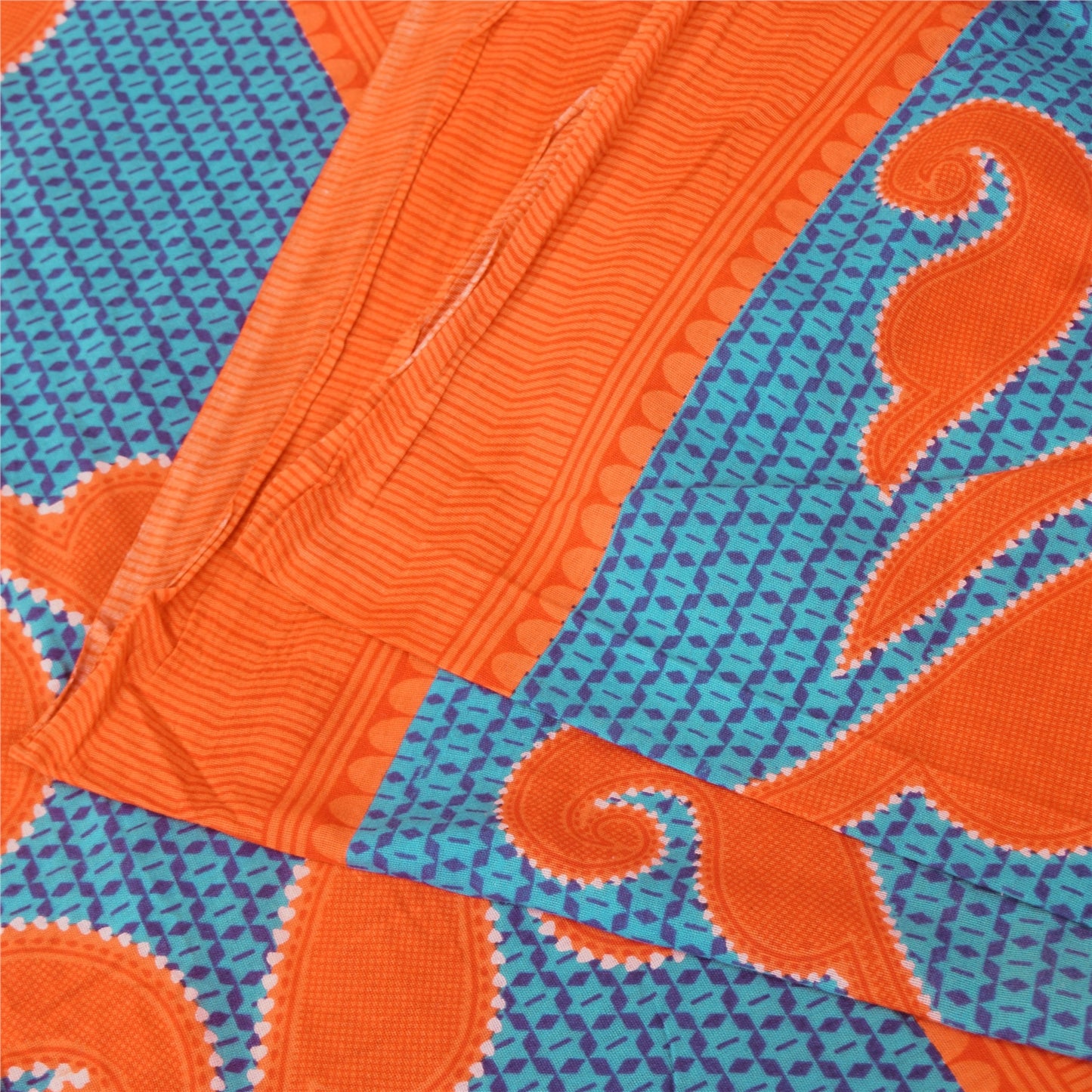 Sanskriti Vintage Sarees Blue/Orange Pure Cotton Printed Sari 5+yd Craft Fabric