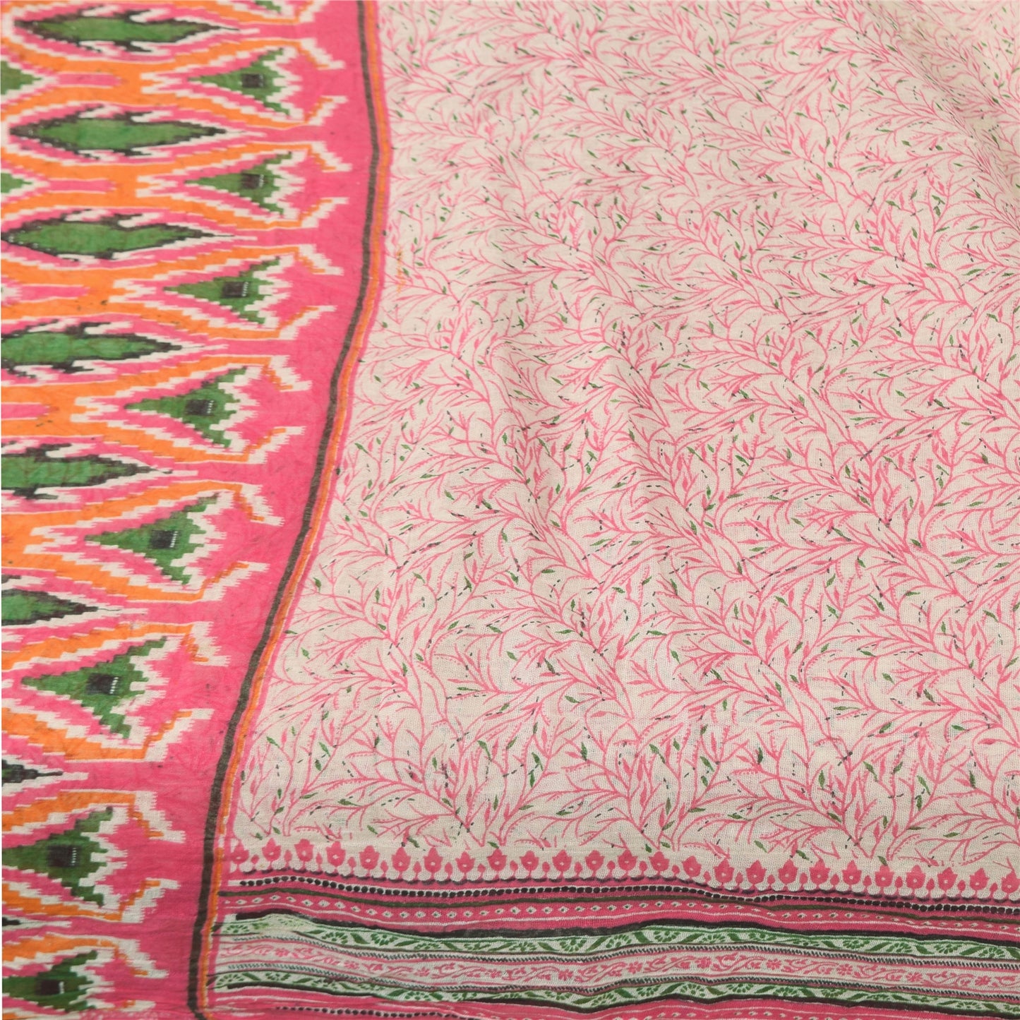 Sanskriti Vintage Sarees Indian Ivory Pure Cotton Printed Sari 5+yd Craft Fabric