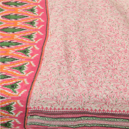 Sanskriti Vintage Sarees Indian Ivory Pure Cotton Printed Sari 5+yd Craft Fabric