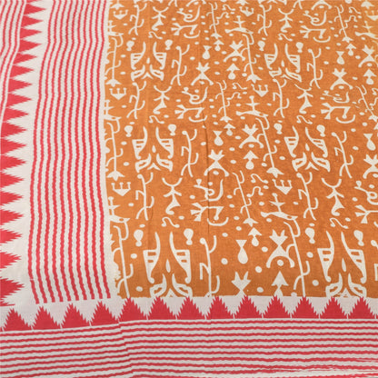 Sanskriti Vintage Sarees Saffron 100% Pure Cotton Printed Sari 5+yd Craft Fabric