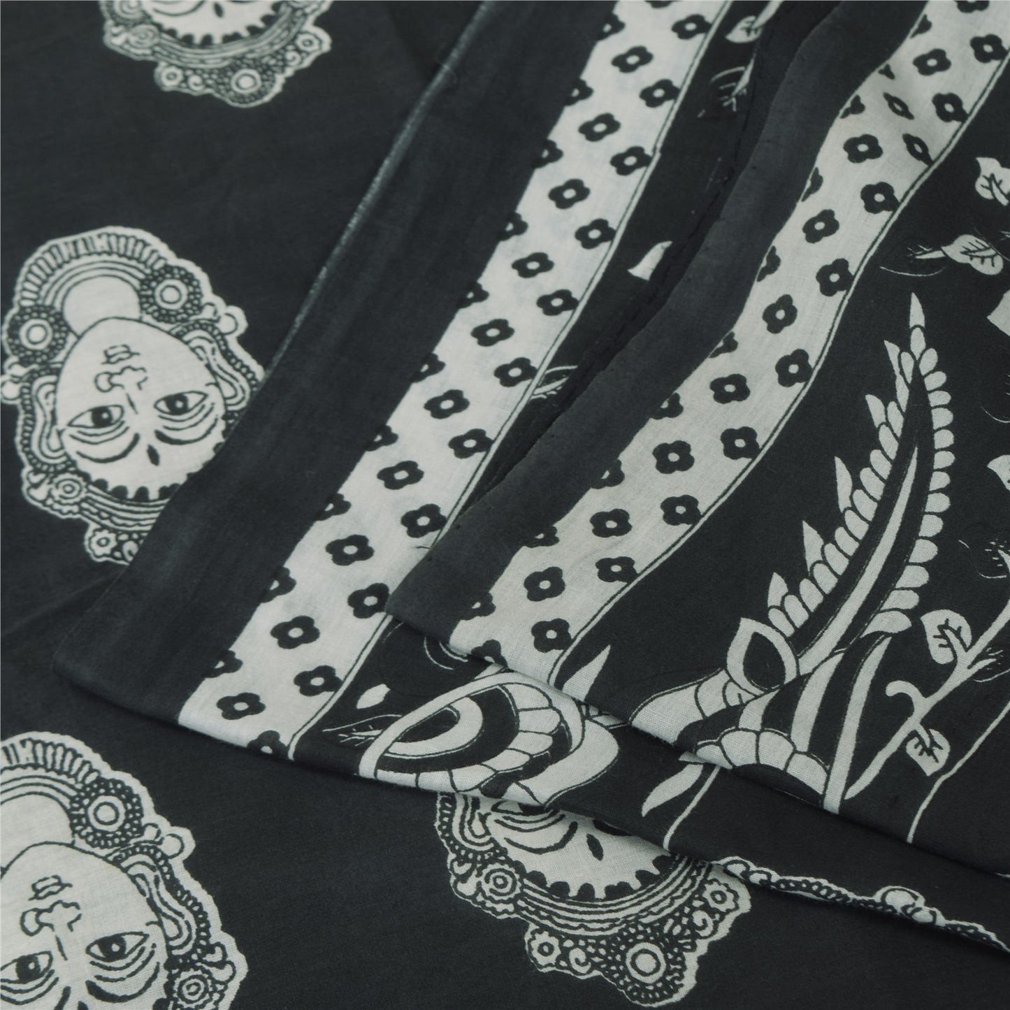 Sanskriti Vintage Sarees Black Kalamkari Handmade Pure Cotton Print Sari Fabric