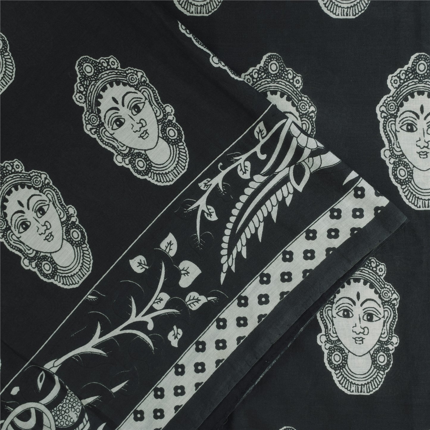 Sanskriti Vintage Sarees Black Kalamkari Handmade Pure Cotton Print Sari Fabric