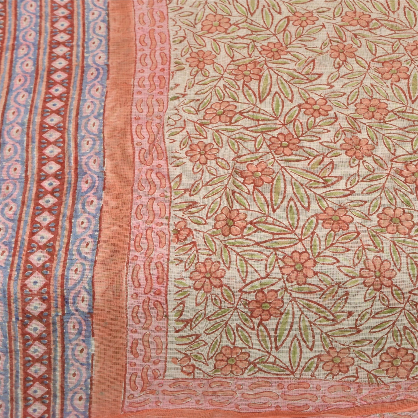 Sanskriti Vintage Sarees Ivory Hand Block Print Kota Pure Cotton Sari Fabric