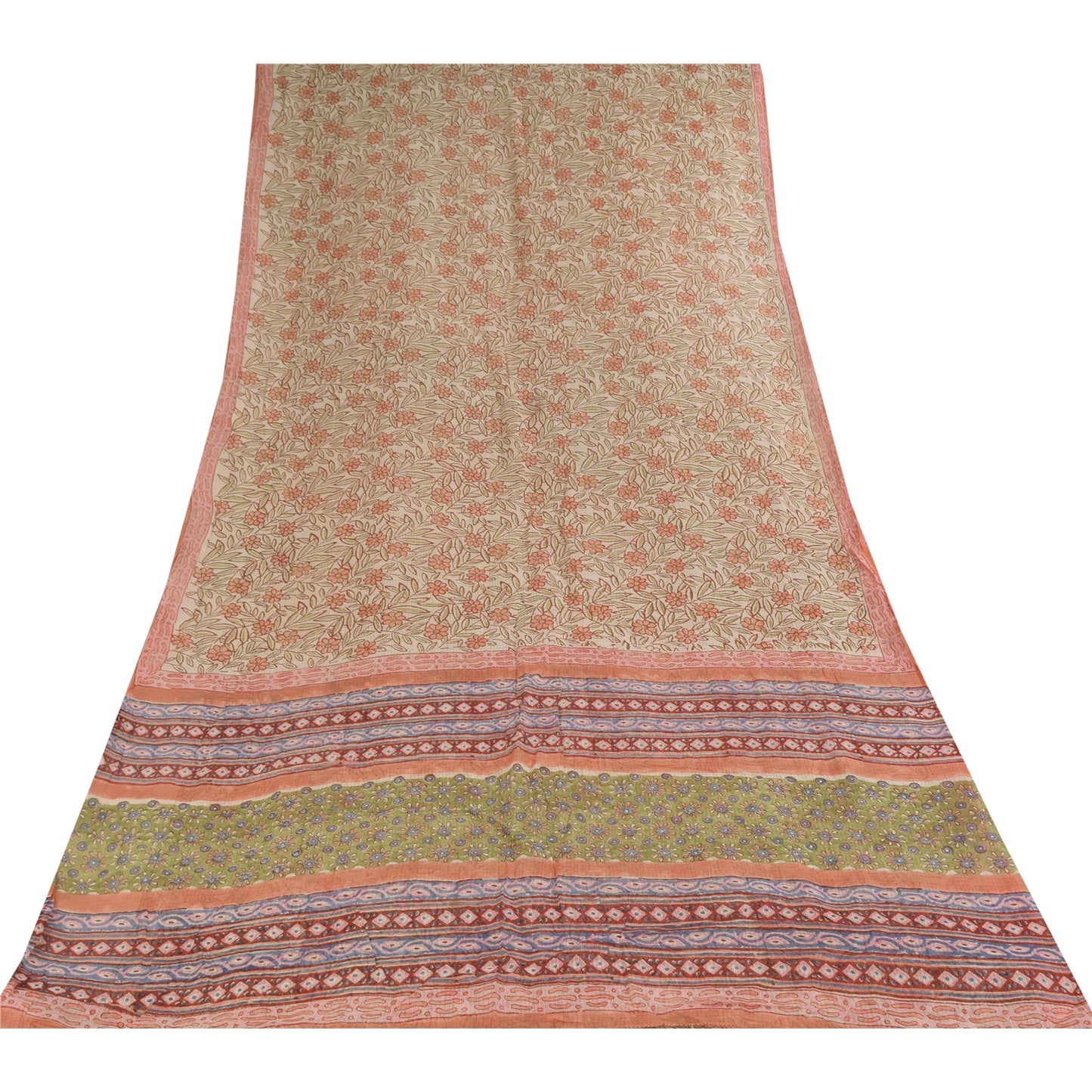 Sanskriti Vintage Sarees Ivory Hand Block Print Kota Pure Cotton Sari Fabric