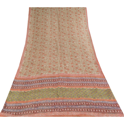 Sanskriti Vintage Sarees Ivory Hand Block Print Kota Pure Cotton Sari Fabric