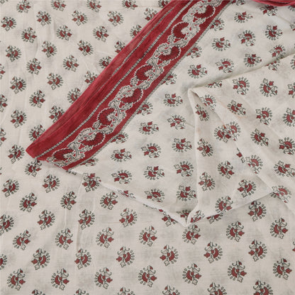 Sanskriti Vintage Sarees White/Red Pure Cotton Printed Sari 5+yd Craft Fabric