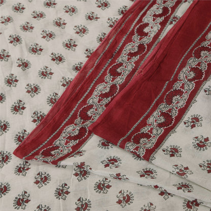 Sanskriti Vintage Sarees White/Red Pure Cotton Printed Sari 5+yd Craft Fabric