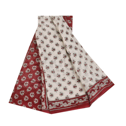 Sanskriti Vintage Sarees White/Red Pure Cotton Printed Sari 5+yd Craft Fabric