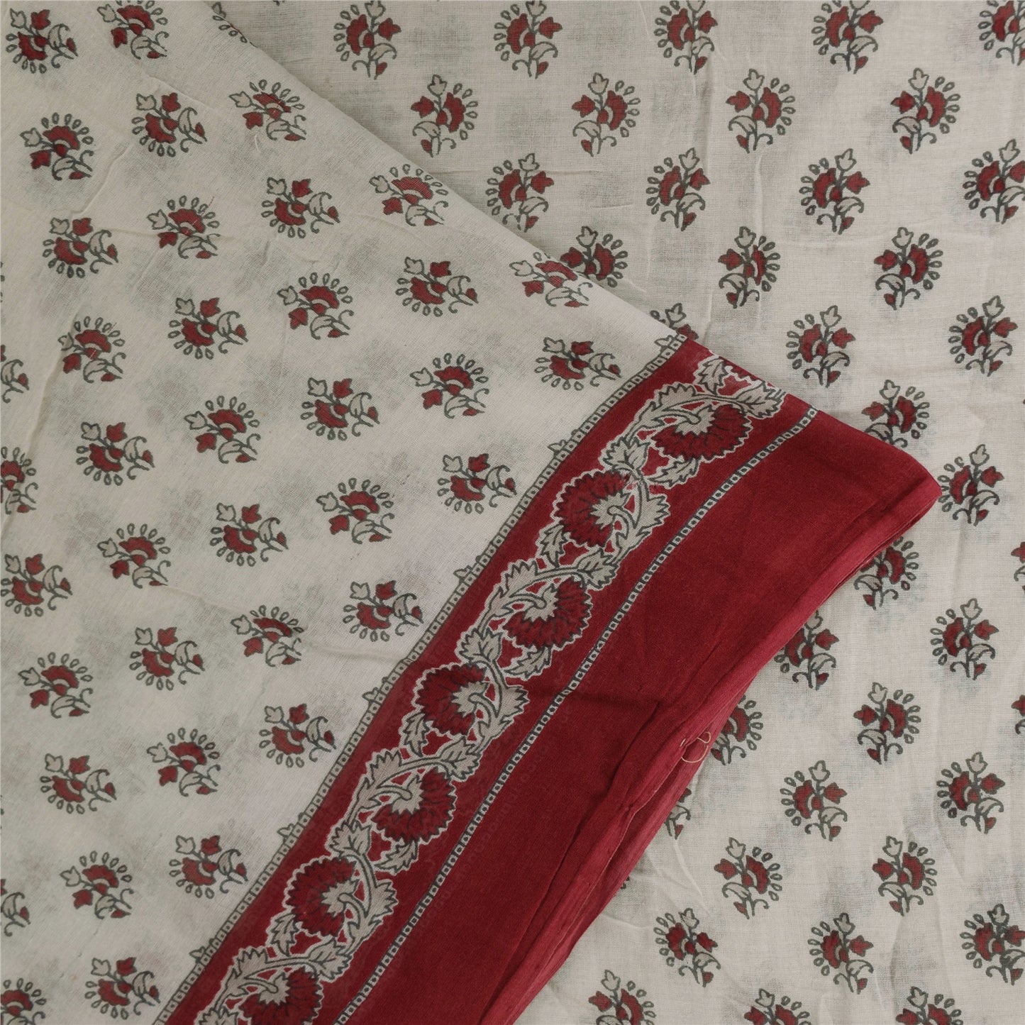 Sanskriti Vintage Sarees White/Red Pure Cotton Printed Sari 5+yd Craft Fabric