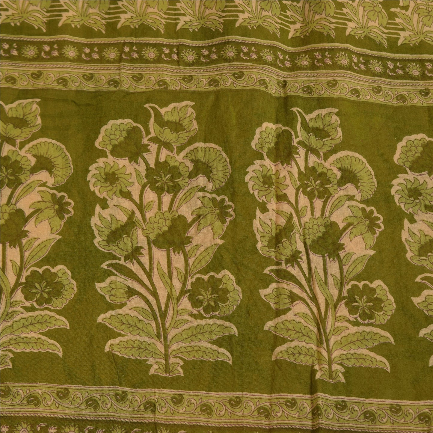 Sanskriti Vintage Sarees Cream/Green Pure Cotton Printed Sari 5+yd Craft Fabric