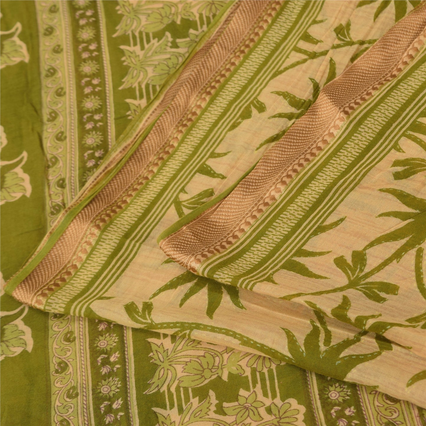 Sanskriti Vintage Sarees Cream/Green Pure Cotton Printed Sari 5+yd Craft Fabric