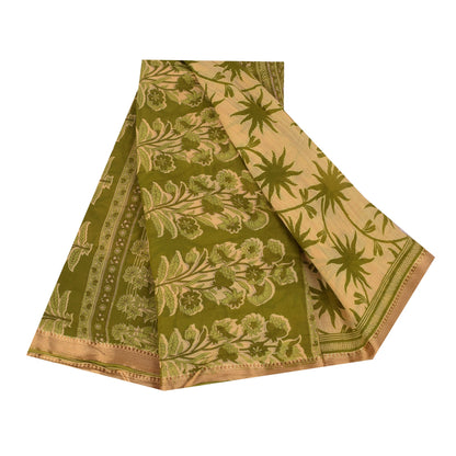 Sanskriti Vintage Sarees Cream/Green Pure Cotton Printed Sari 5+yd Craft Fabric