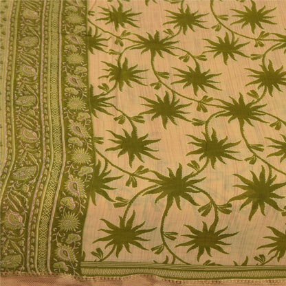 Sanskriti Vintage Sarees Cream/Green Pure Cotton Printed Sari 5+yd Craft Fabric