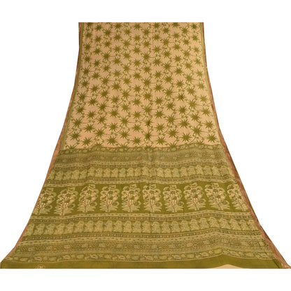 Sanskriti Vintage Sarees Cream/Green Pure Cotton Printed Sari 5+yd Craft Fabric