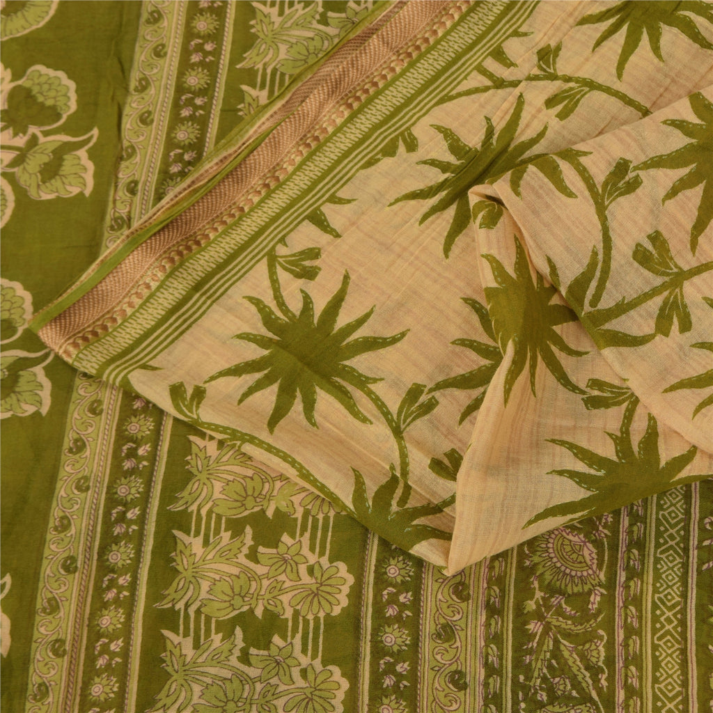 Sanskriti Vintage Sarees Cream/Green Pure Cotton Printed Sari 5+yd Craft Fabric