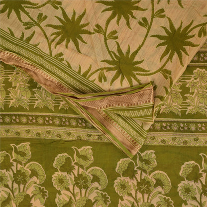 Sanskriti Vintage Sarees Cream/Green Pure Cotton Printed Sari 5+yd Craft Fabric