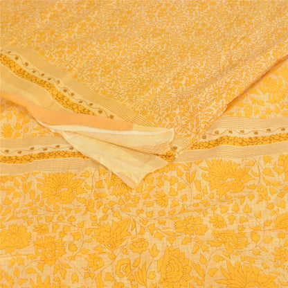 Sanskriti Vintage Sarees Yellow 100% Pure Cotton Printed Sari 5+yd Craft Fabric