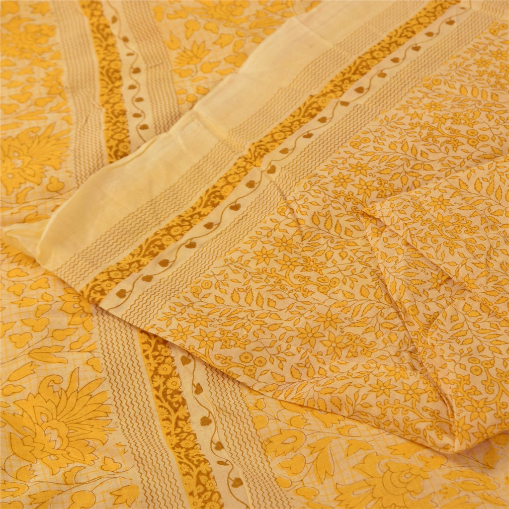 Sanskriti Vintage Sarees Yellow 100% Pure Cotton Printed Sari 5+yd Craft Fabric