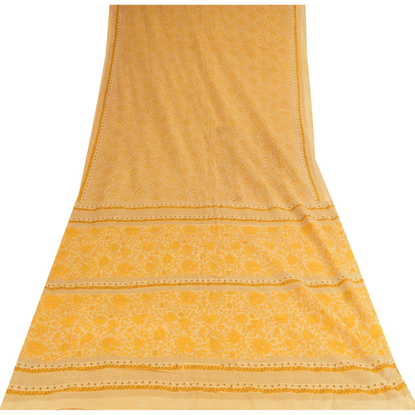 Sanskriti Vintage Sarees Yellow 100% Pure Cotton Printed Sari 5+yd Craft Fabric