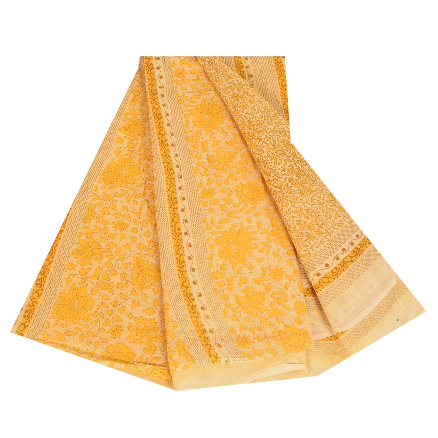 Sanskriti Vintage Sarees Yellow 100% Pure Cotton Printed Sari 5+yd Craft Fabric