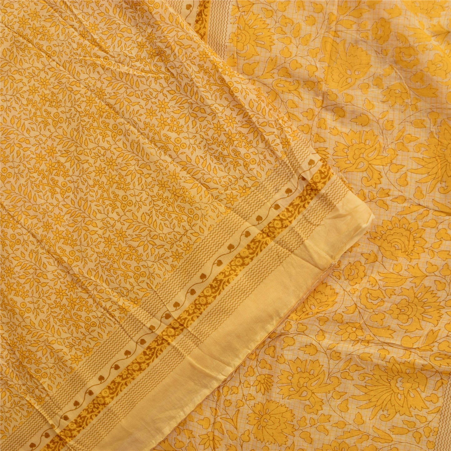 Sanskriti Vintage Sarees Yellow 100% Pure Cotton Printed Sari 5+yd Craft Fabric