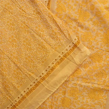 Sanskriti Vintage Sarees Yellow 100% Pure Cotton Printed Sari 5+yd Craft Fabric