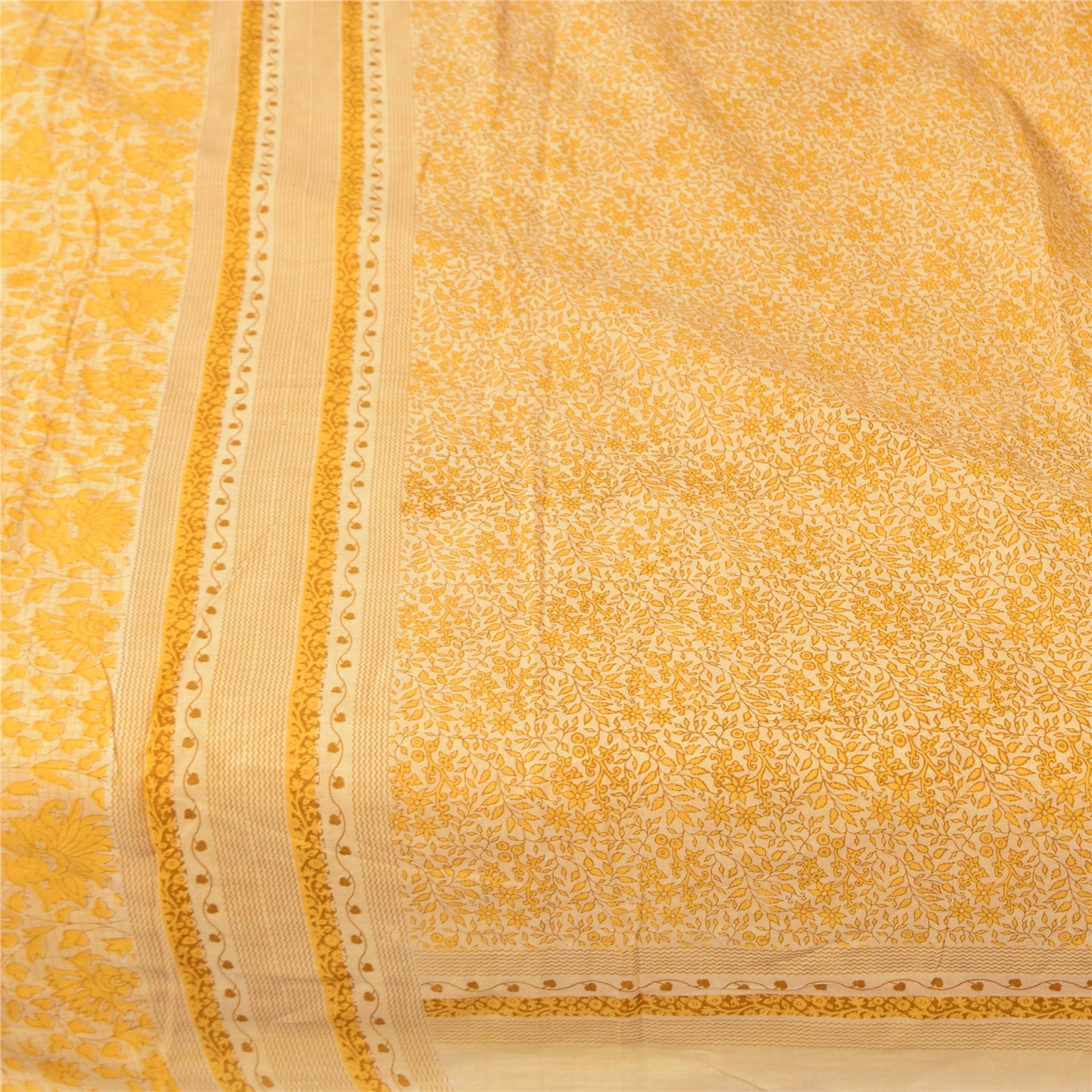 Sanskriti Vintage Sarees Yellow 100% Pure Cotton Printed Sari 5+yd Craft Fabric