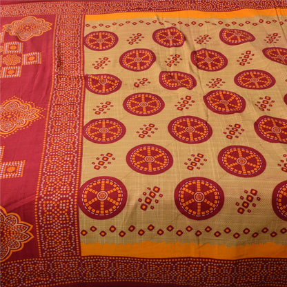 Sanskriti Vintage Sarees Red/Cream Bandhani Pure Cotton Printed Sari 5+yd Fabric