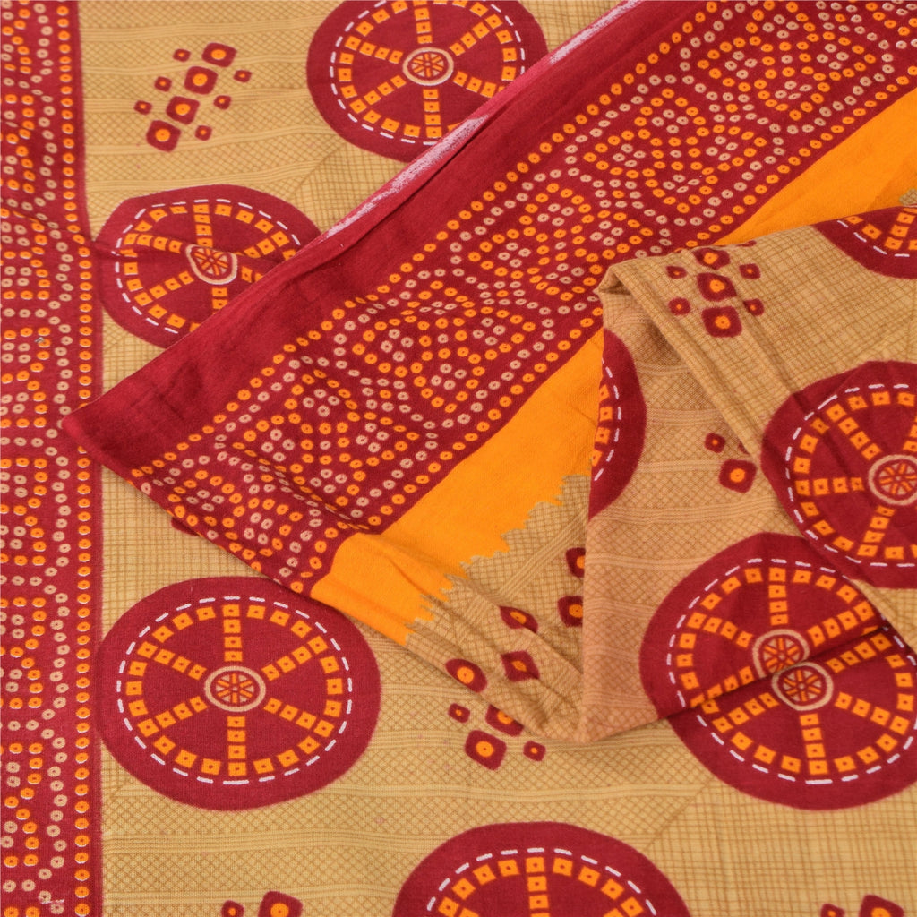 Sanskriti Vintage Sarees Red/Cream Bandhani Pure Cotton Printed Sari 5+yd Fabric