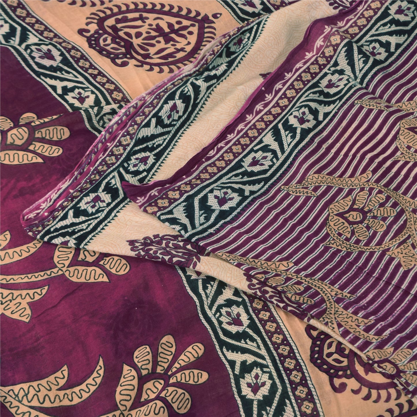 Sanskriti Vintage Sarees Ivory/Purple Pure Cotton Printed Sari 5+yd Craft Fabric