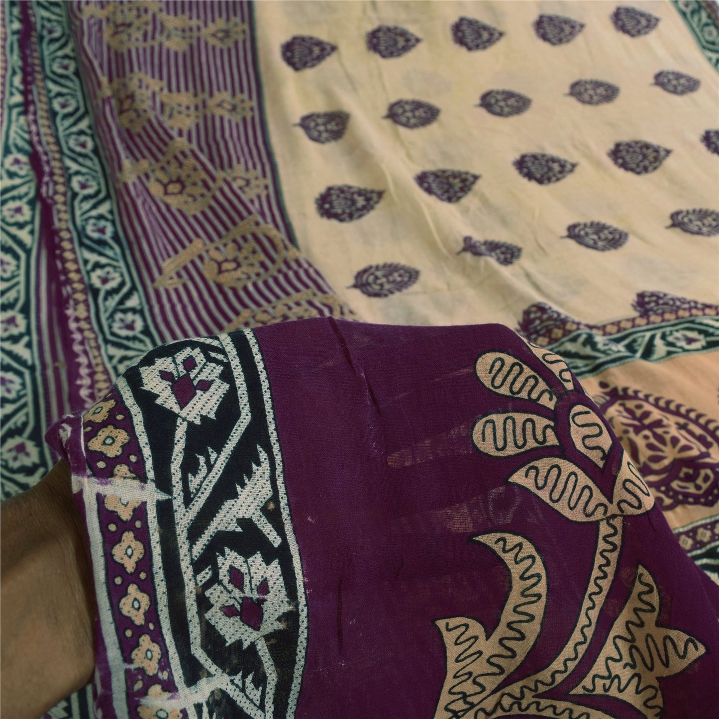 Sanskriti Vintage Sarees Ivory/Purple Pure Cotton Printed Sari 5+yd Craft Fabric