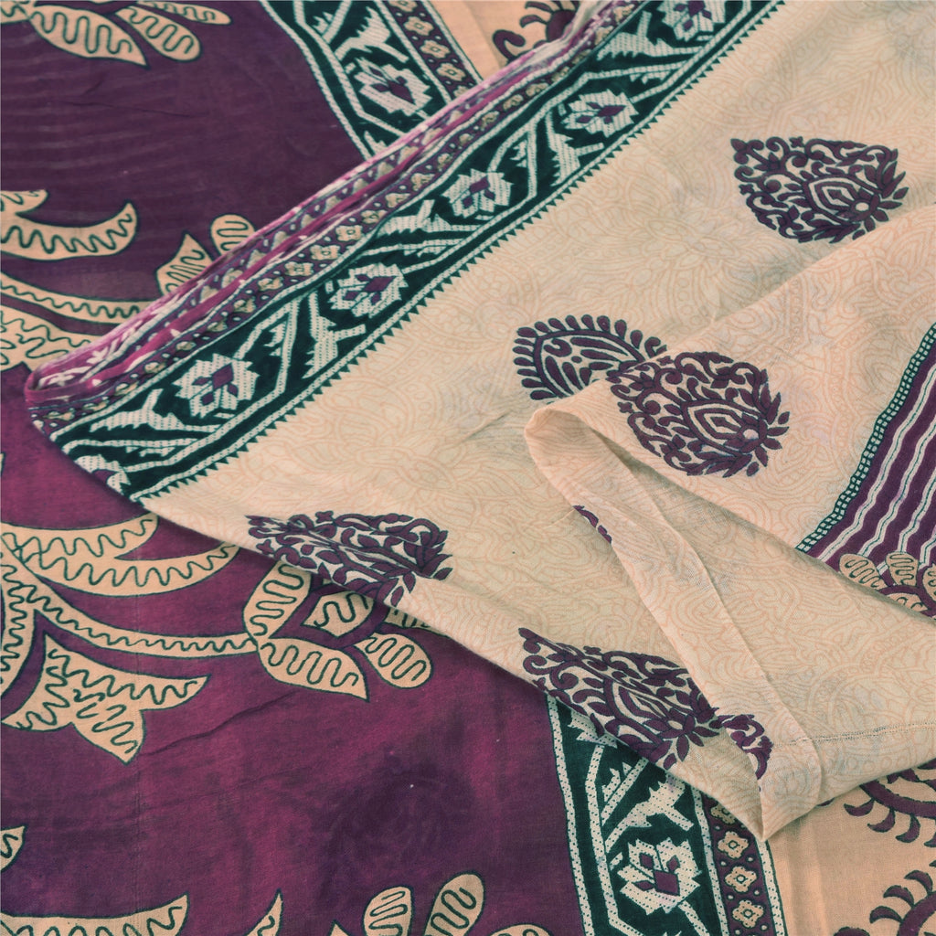 Sanskriti Vintage Sarees Ivory/Purple Pure Cotton Printed Sari 5+yd Craft Fabric