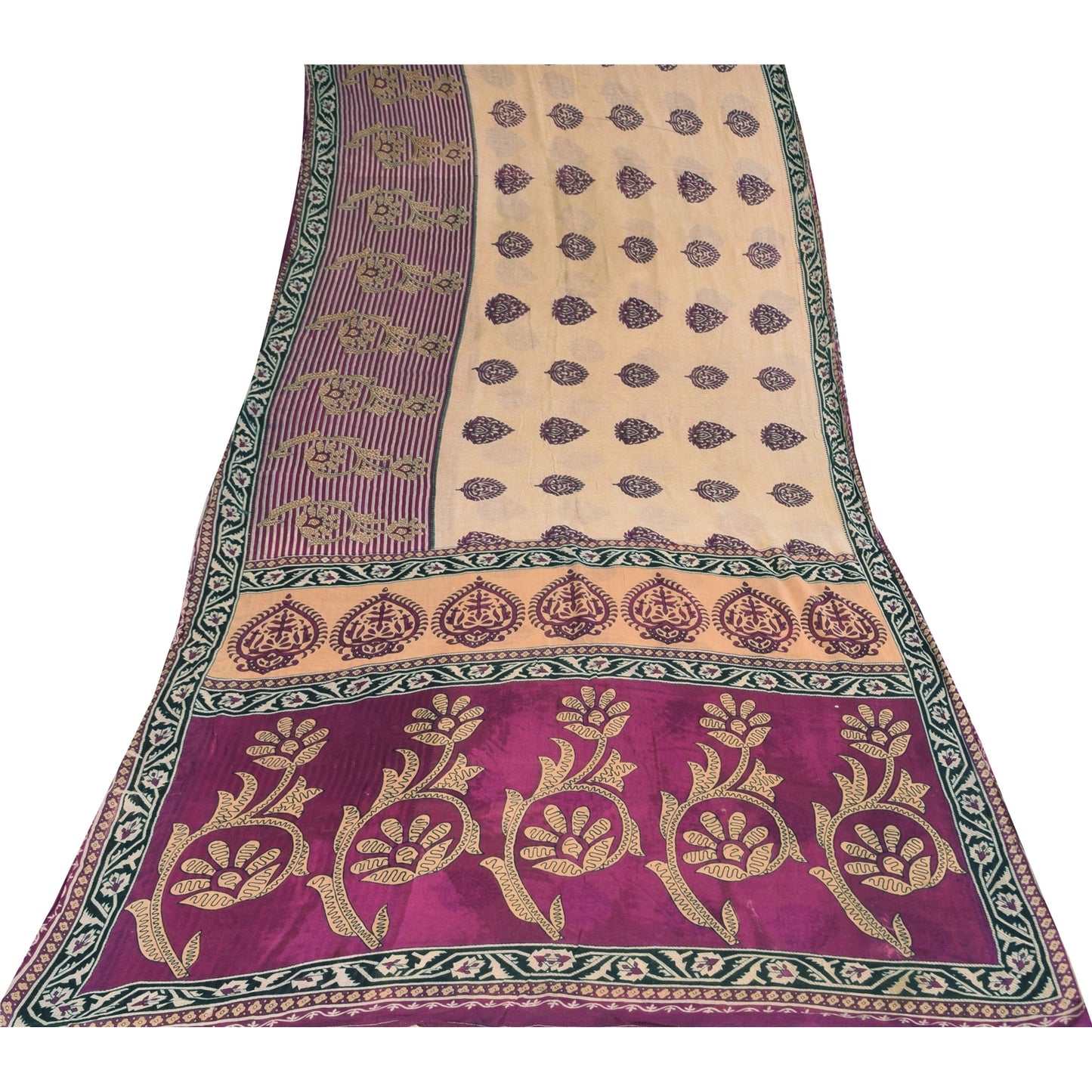 Sanskriti Vintage Sarees Ivory/Purple Pure Cotton Printed Sari 5+yd Craft Fabric