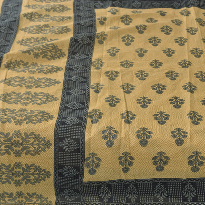 Sanskriti Vintage Sarees Cream/Gray Pure Cotton Printed Sari 5+yd Craft Fabric