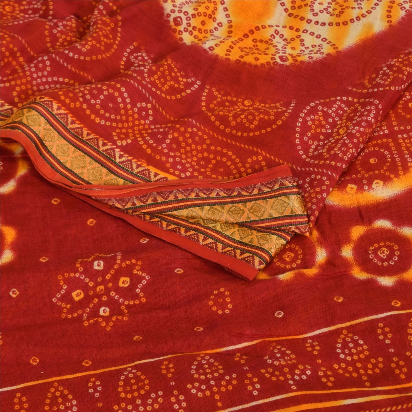 Sanskriti Vintage Sarees Red/Yellow Bandhani Pure Cotton Print Sari 5+yd Fabric