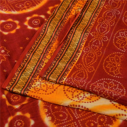 Sanskriti Vintage Sarees Red/Yellow Bandhani Pure Cotton Print Sari 5+yd Fabric