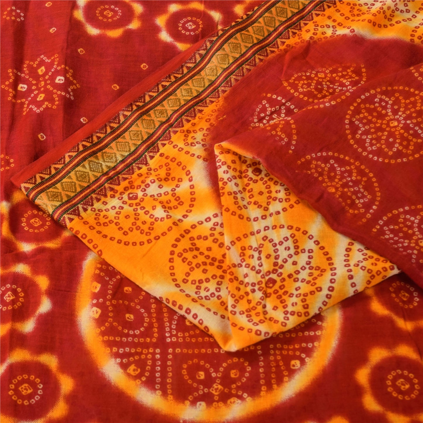 Sanskriti Vintage Sarees Red/Yellow Bandhani Pure Cotton Print Sari 5+yd Fabric