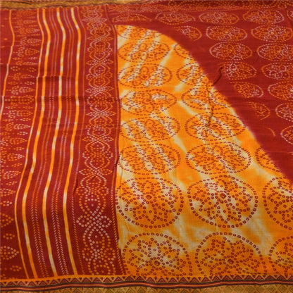 Sanskriti Vintage Sarees Red/Yellow Bandhani Pure Cotton Print Sari 5+yd Fabric