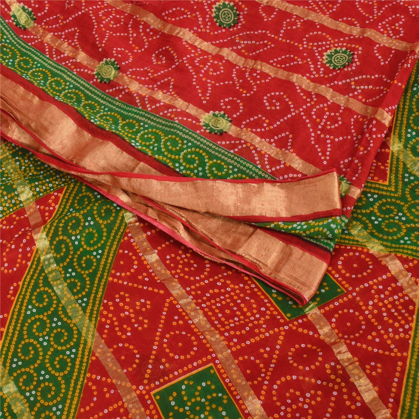 Sanskriti Vintage Sarees Red Bandhani Print Woven Pure Cotton Sari 5+yd Fabric