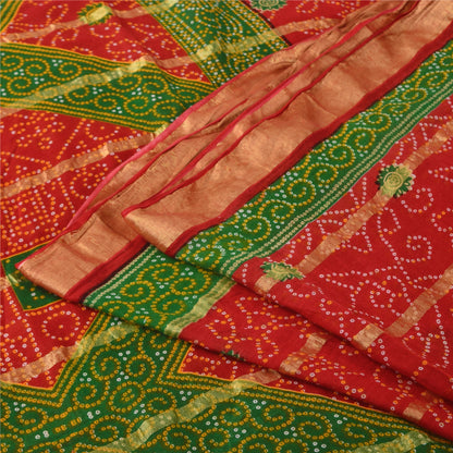 Sanskriti Vintage Sarees Red Bandhani Print Woven Pure Cotton Sari 5+yd Fabric