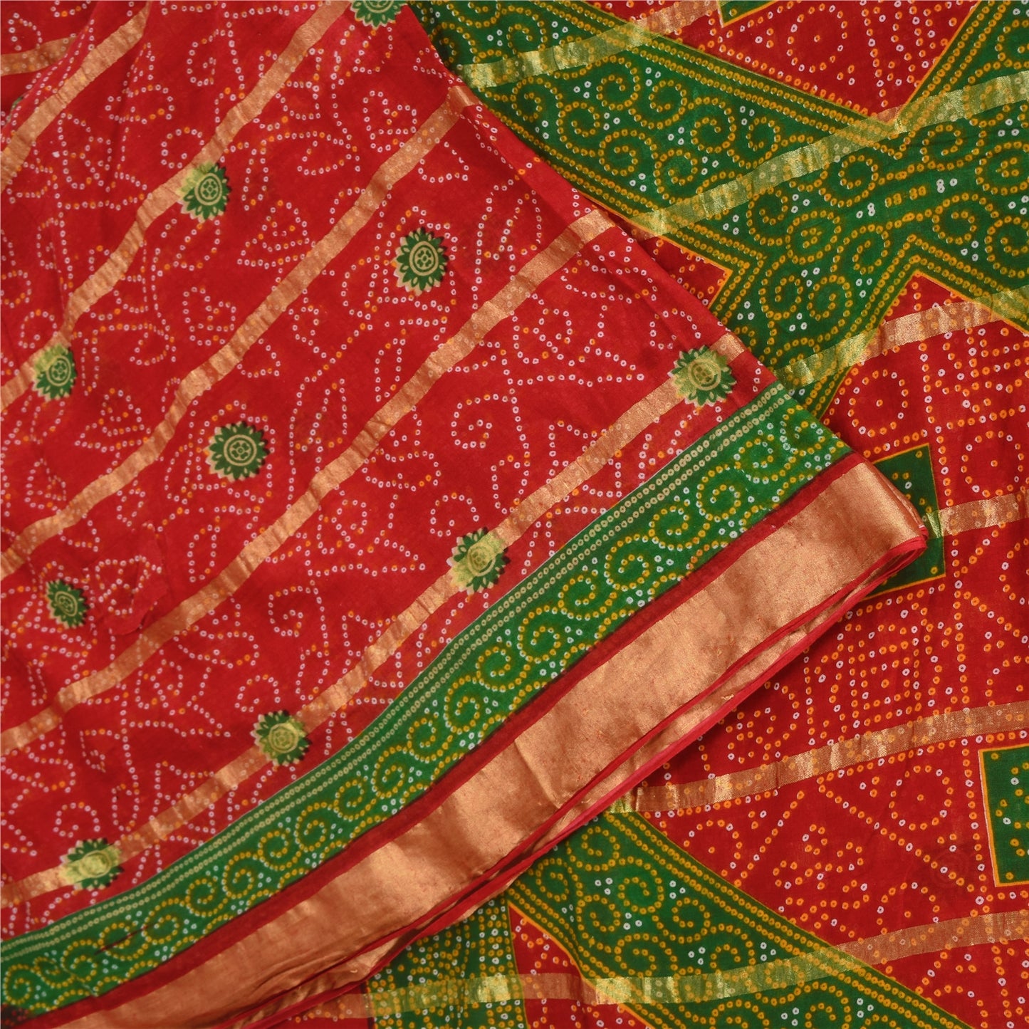 Sanskriti Vintage Sarees Red Bandhani Print Woven Pure Cotton Sari 5+yd Fabric