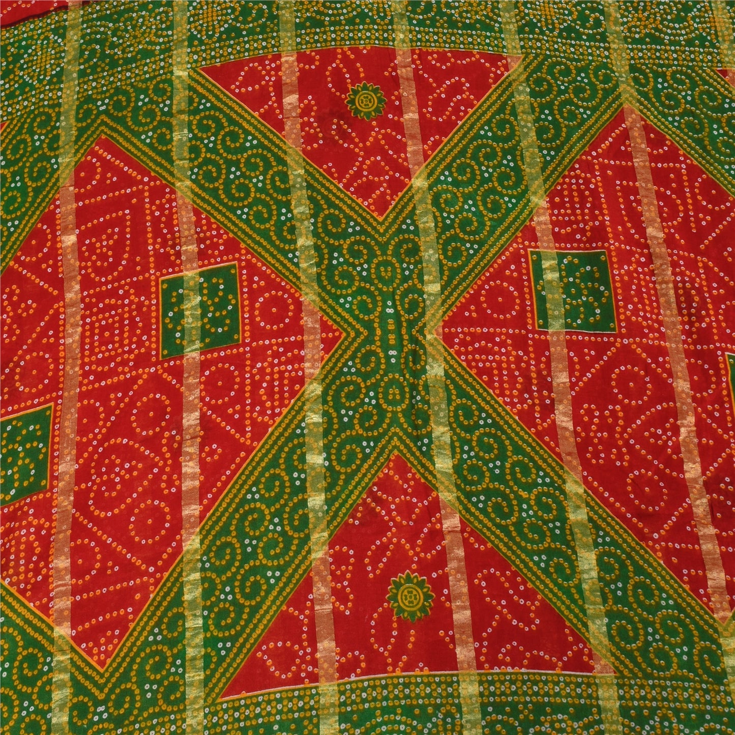 Sanskriti Vintage Sarees Red Bandhani Print Woven Pure Cotton Sari 5+yd Fabric